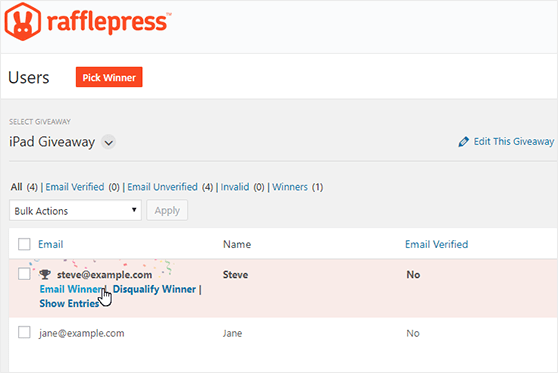 RafflePress choose and email the winner