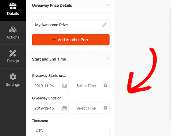 Set the start and end time of your giveaway in RafflePress