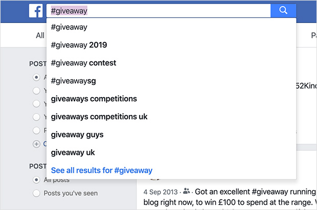 searching giveaway hashtags on Facebook
