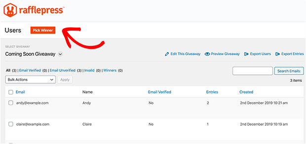 Pick a giveaway winner in RafflePress with the random winner generator