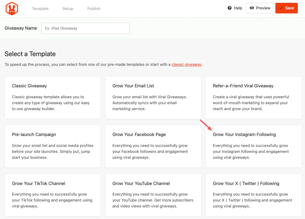 giveaway-templates - RafflePress Selecting the Grow Your Instagram Following template in RafflePress