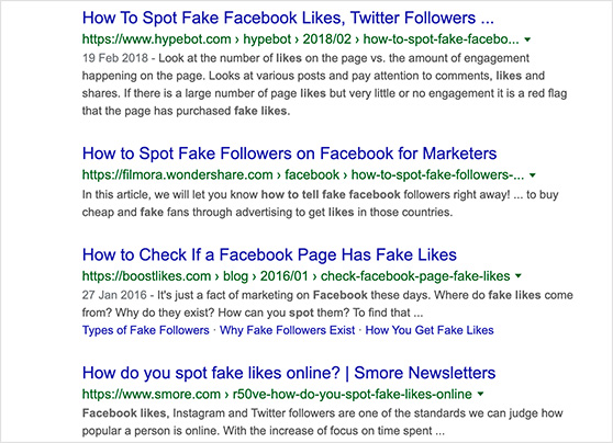Google search of how to spot fake facebook likes