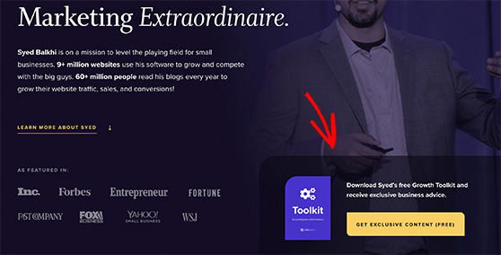 Example of a call to action in a website header
