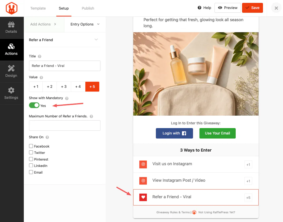 instagram-giveaway-refer-a-frind-action - RafflePress Setting mandatory and bonus entry actions for an Instagram giveaway in RafflePress