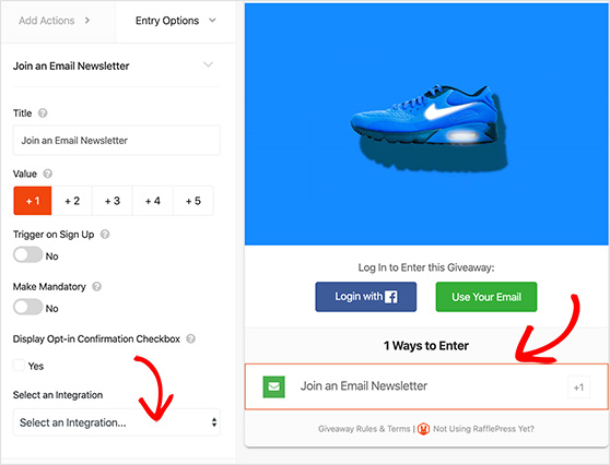 Set up your email newsletter actions in RafflePress