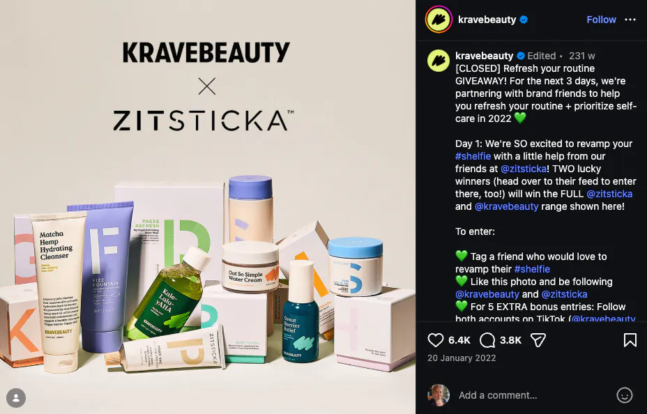 krave-beauty-zitsticka-brand-collaboration-instagram-giveaway - RafflePress Branded collaboration between Krave Beauty and Zitsticka Instagram giveaway