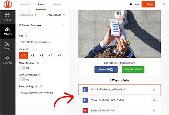 RafflePress actions to grow your Facebook page