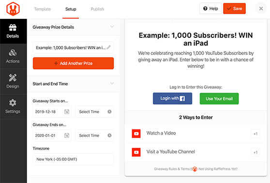 YouTube giveaway template in RafflePress
