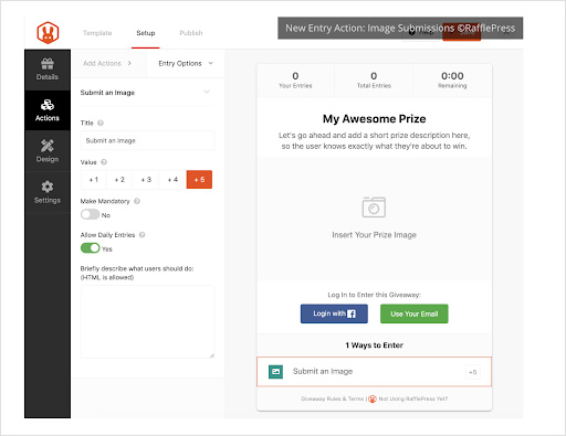 Submit an image action in RafflePress