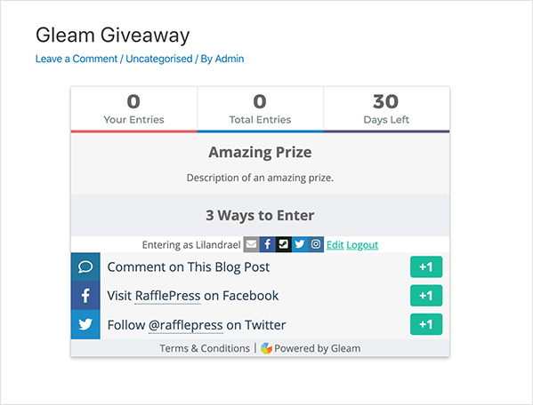 Gleam giveway example