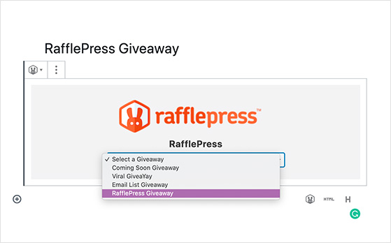 Select your RafflePress giveaway in the block editor.