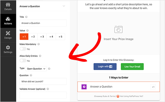 Answer a question action in RafflePress