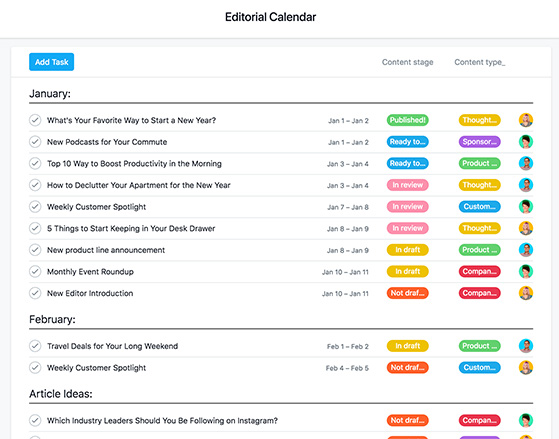 Asana editorial calendar