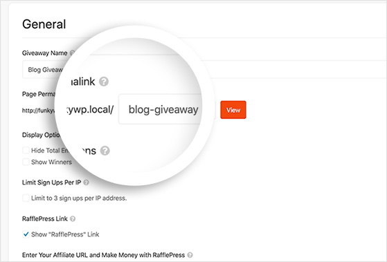 Blog Giveaway landing page permalink settings