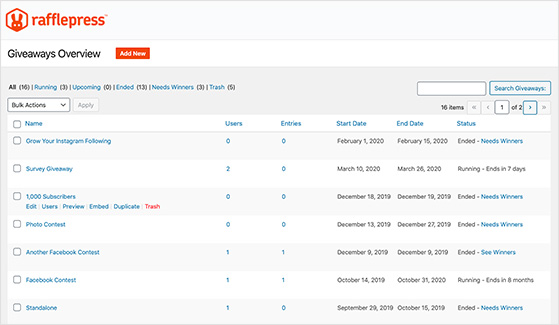 rafflepress giveaway dashboard