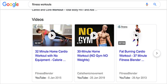 fitness videos in search results