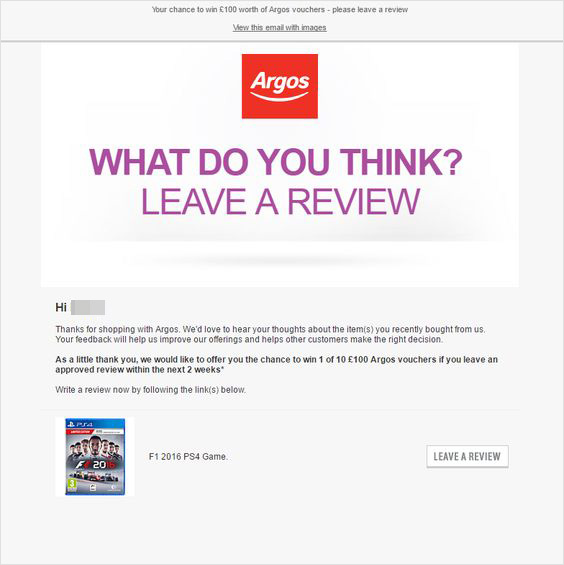 Argos review email example