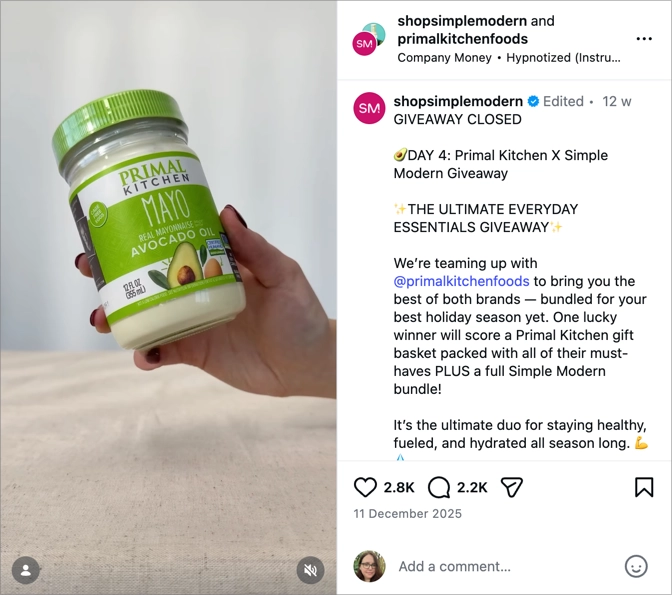 Two brands co-hosting an Instagram Reels collab giveaway to grow both audiences