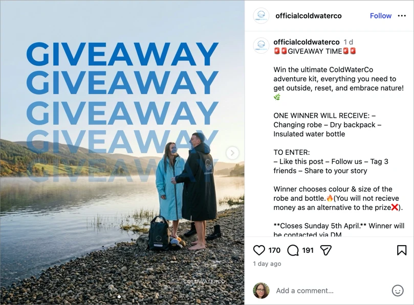 Instagram Reels giveaway post with prize announcement and entry instructions