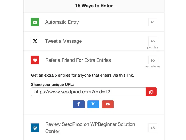 Refer a friend entry action link in SeedProd black Friday giveaway made using RafflePress