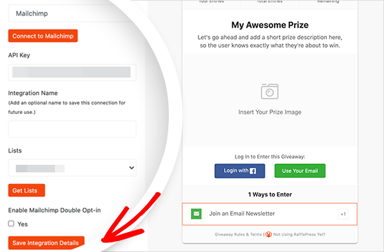 Email marketing integration with RafflePress