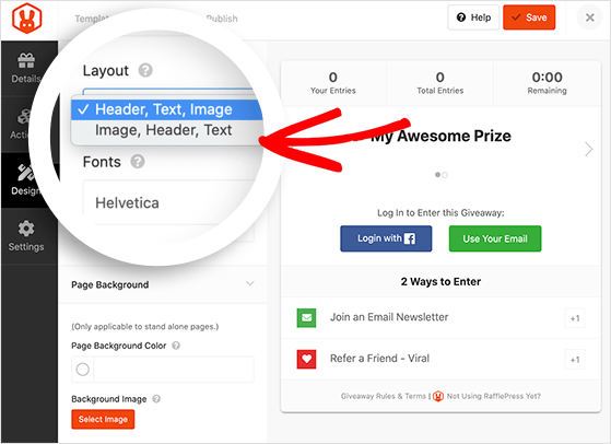 Giveaway layout options
