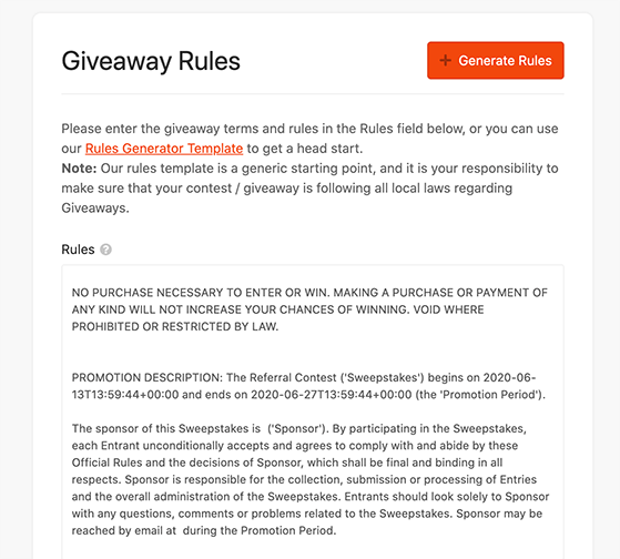 Giveaway rules template