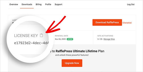 Copy your RafflePress license key