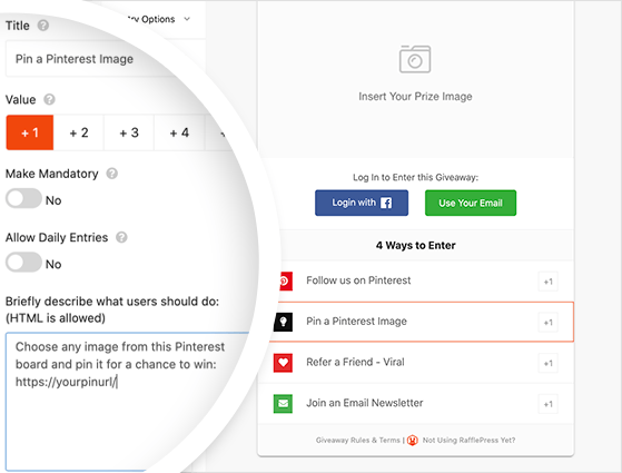 RafflePress pinterest contest settings