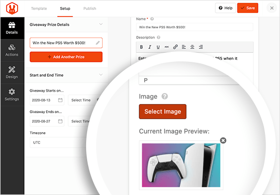 RafflePress prize image settings