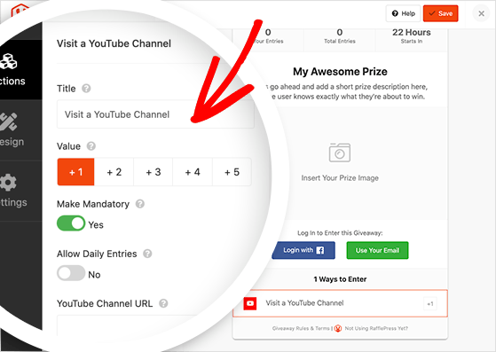 RafflePres visit a youtube channel giveaway entry option