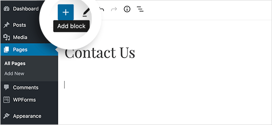 click the plus icon to add a new WordPress block