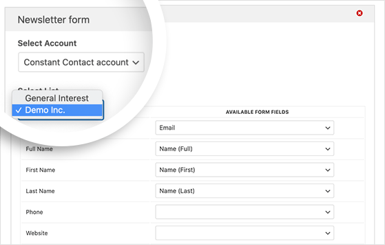 Choose your constant contact list and map your field labels to your form