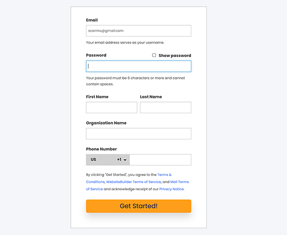 enter your details to register for a constant contact email service account