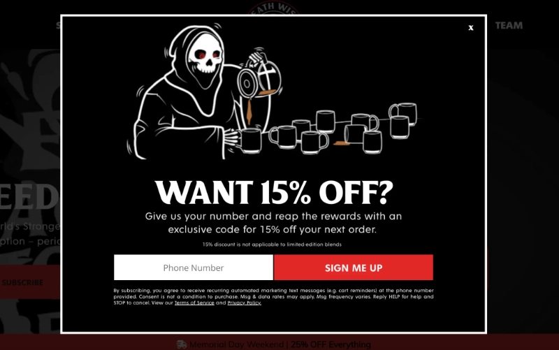 deathwish-coffee-exit-popup - RafflePress Deaath Wish Coffee exit intent popup example asking for phone number for SMS marketing