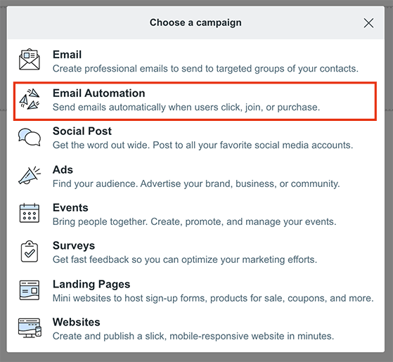 Choose the email automation campaign option