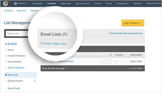 Enter a new email list in constant contact