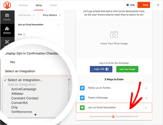 RafflePress join an email newsletter entry action