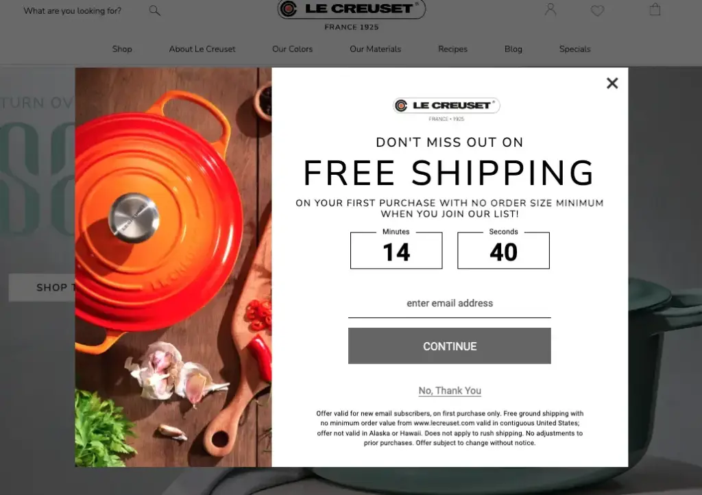 lecreuset-popup - RafflePress Le Creuset exit intent popup example showing discount paired with countdown timer