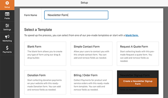 Choose the wpforms newsletter sign up form template