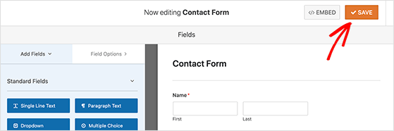 Click save to preserve your contact form settings