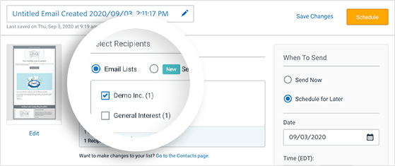 Choose your email list and schedule your newsletter