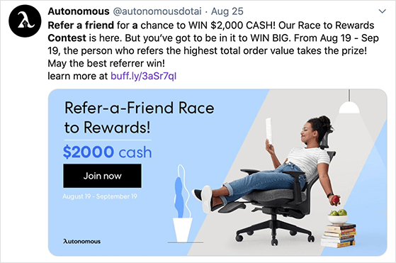 Promote your referral contest on social media like Twitter, Facebook, and Pinterest.
