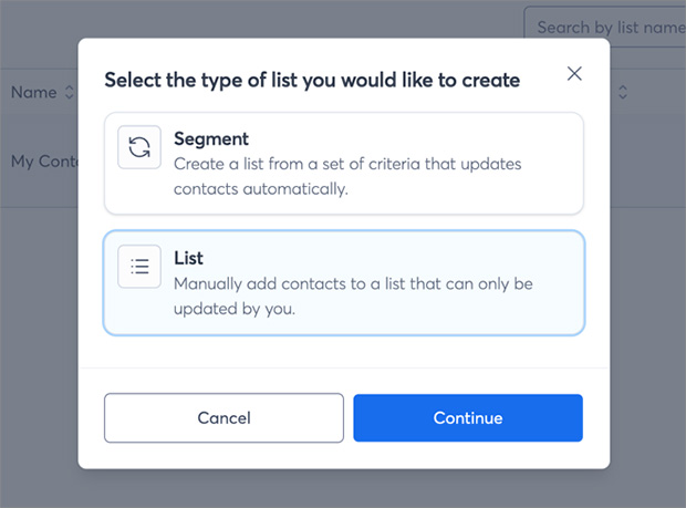 Selecting a type of email list in Constant Contact
