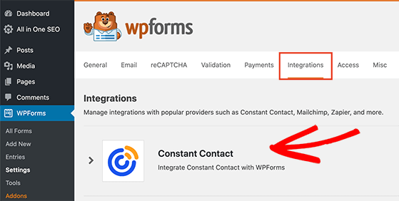Choose the Constant Contact integration in WPForms