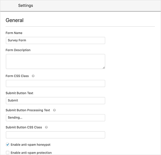 General settings for WordPress survey forms
