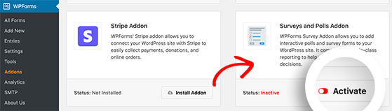 Install and activate the WPForms surveys and polls addon