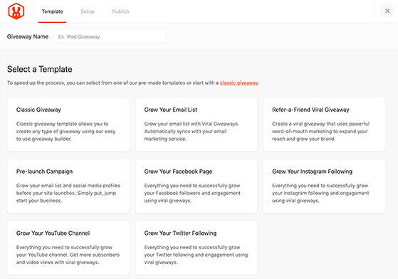 Choose a giveaway template in RafflePress