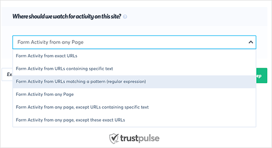 Select which activity you'd like TrustPulse to track.