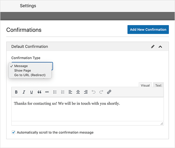 WordPress survey confirmation settings